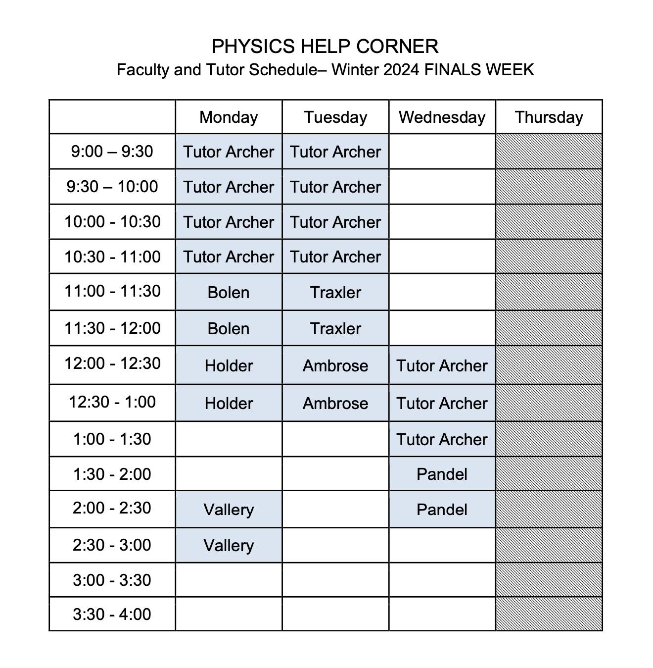 Weekly schedule for the physics help corner during finals week W2024